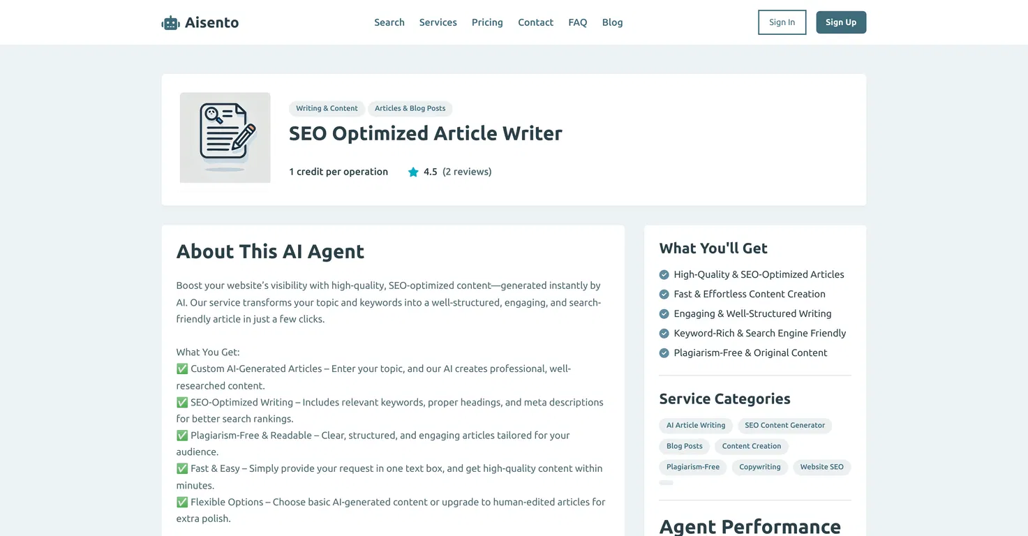 Aisento SEO Optimized Article Writer
